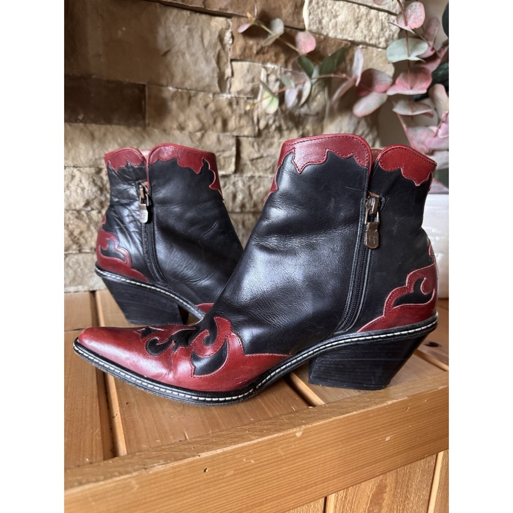 Donald J Pliner Vintage Western Boots Black Red Flame Leather Women 7M Italy - Picture 2 of 11